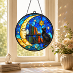 Black Cat Moon and Books Glass Suncatcher, Celestial Stars Window Hanging Home Decor
