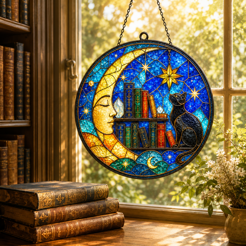 Black Cat Moon and Books Glass Suncatcher, Celestial Stars Window Hanging Home Decor