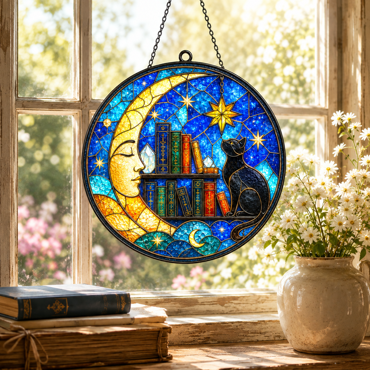 Black Cat Moon and Books Glass Suncatcher, Celestial Stars Window Hanging Home Decor