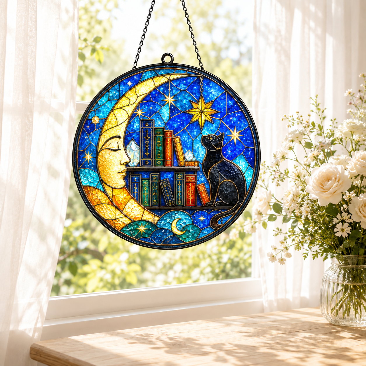 Black Cat Moon and Books Glass Suncatcher, Celestial Stars Window Hanging Home Decor