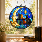 Black Cat Moon and Books Glass Suncatcher, Celestial Stars Window Hanging Home Decor