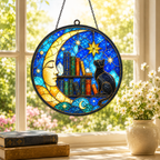 Black Cat Moon and Books Glass Suncatcher, Celestial Stars Window Hanging Home Decor