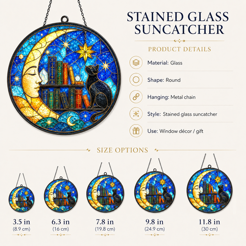 Black Cat Moon and Books Glass Suncatcher, Celestial Stars Window Hanging Home Decor