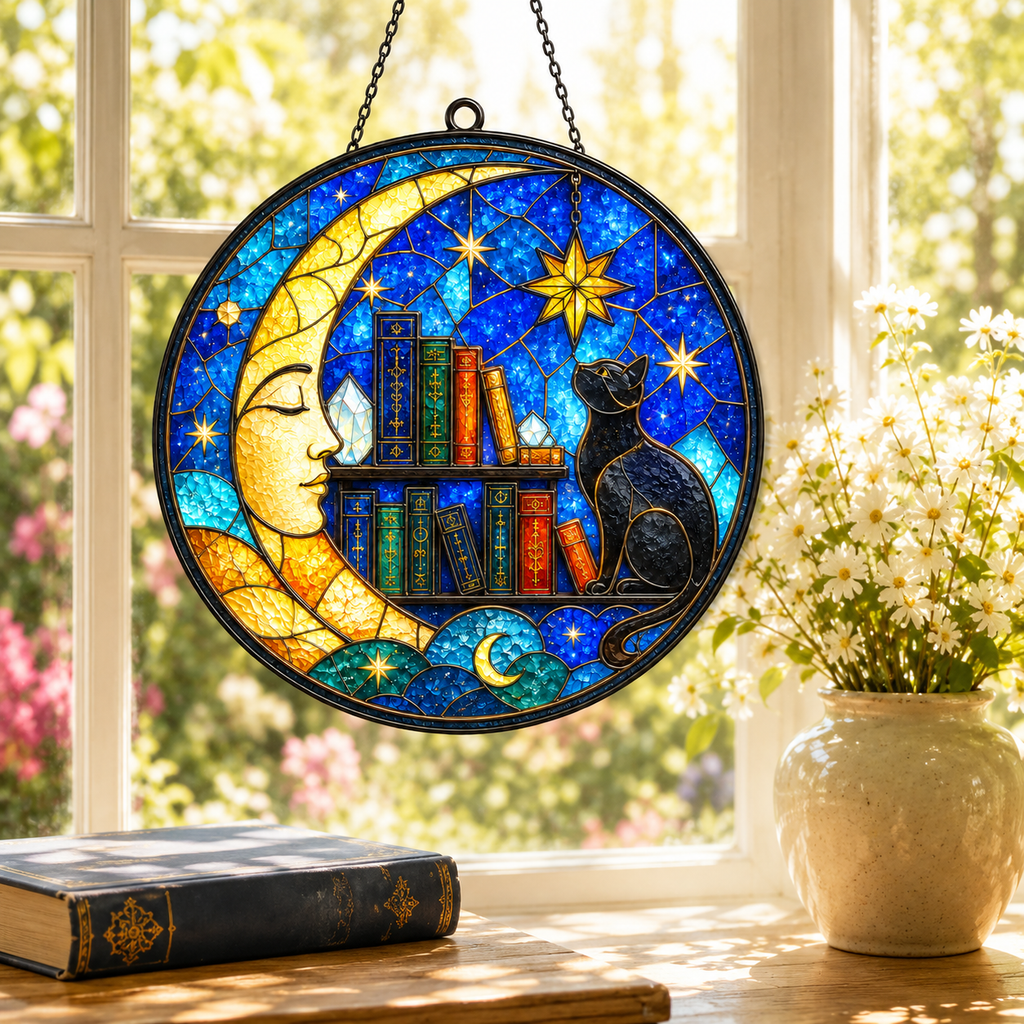 Black Cat Moon and Books Glass Suncatcher, Celestial Stars Window Hanging Home Decor