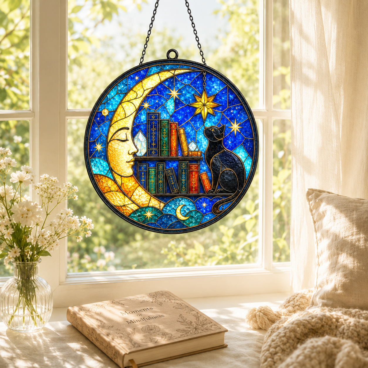 Black Cat Moon and Books Glass Suncatcher, Celestial Stars Window Hanging Home Decor