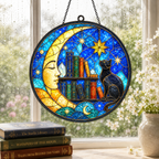 Black Cat Moon and Books Glass Suncatcher, Celestial Stars Window Hanging Home Decor
