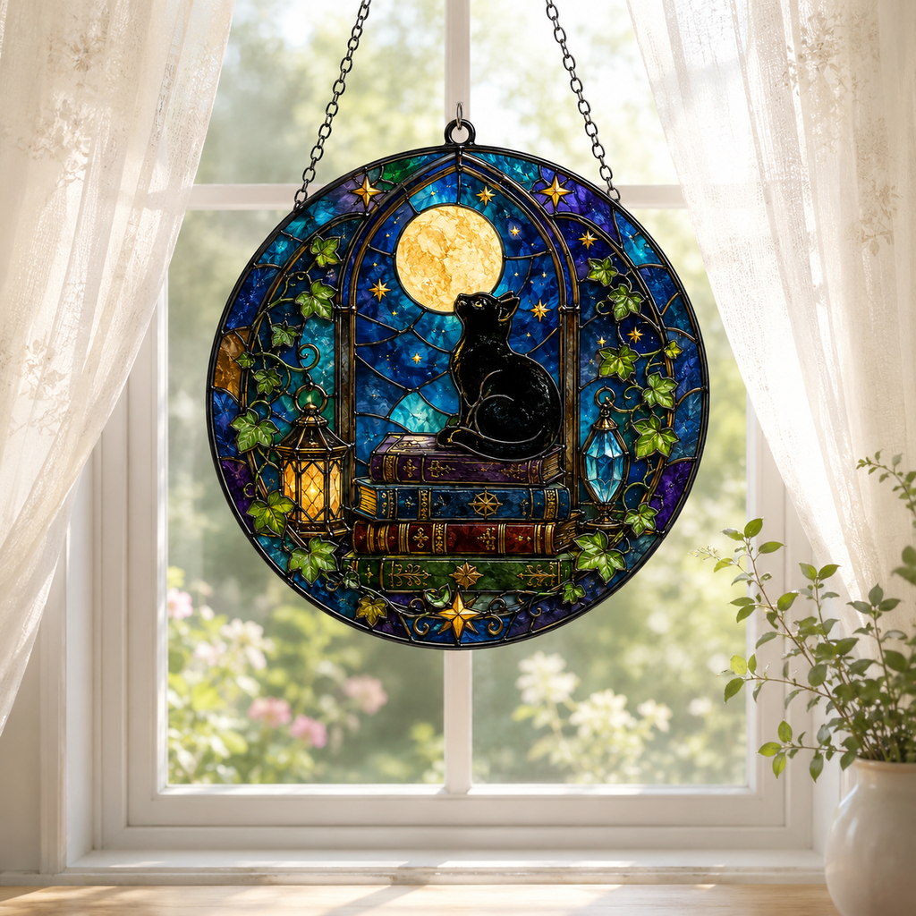 Black Cat on Books and Full Moon Glass Suncatcher, Celestial Window Hanging Home Decor