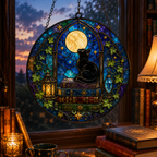 Black Cat on Books and Full Moon Glass Suncatcher, Celestial Window Hanging Home Decor