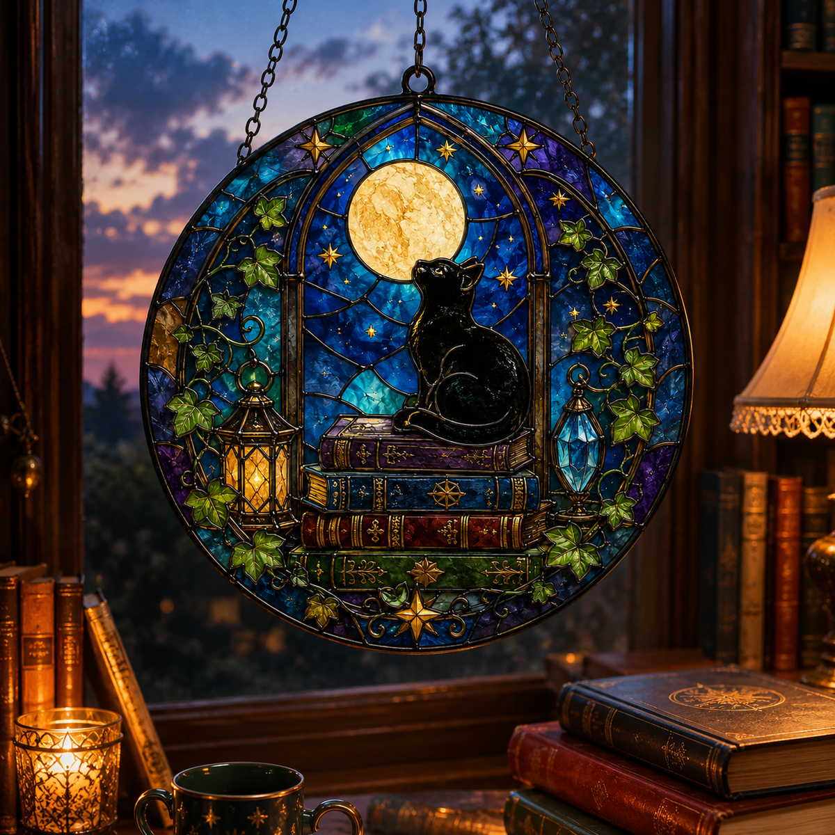 Black Cat on Books and Full Moon Glass Suncatcher, Celestial Window Hanging Home Decor