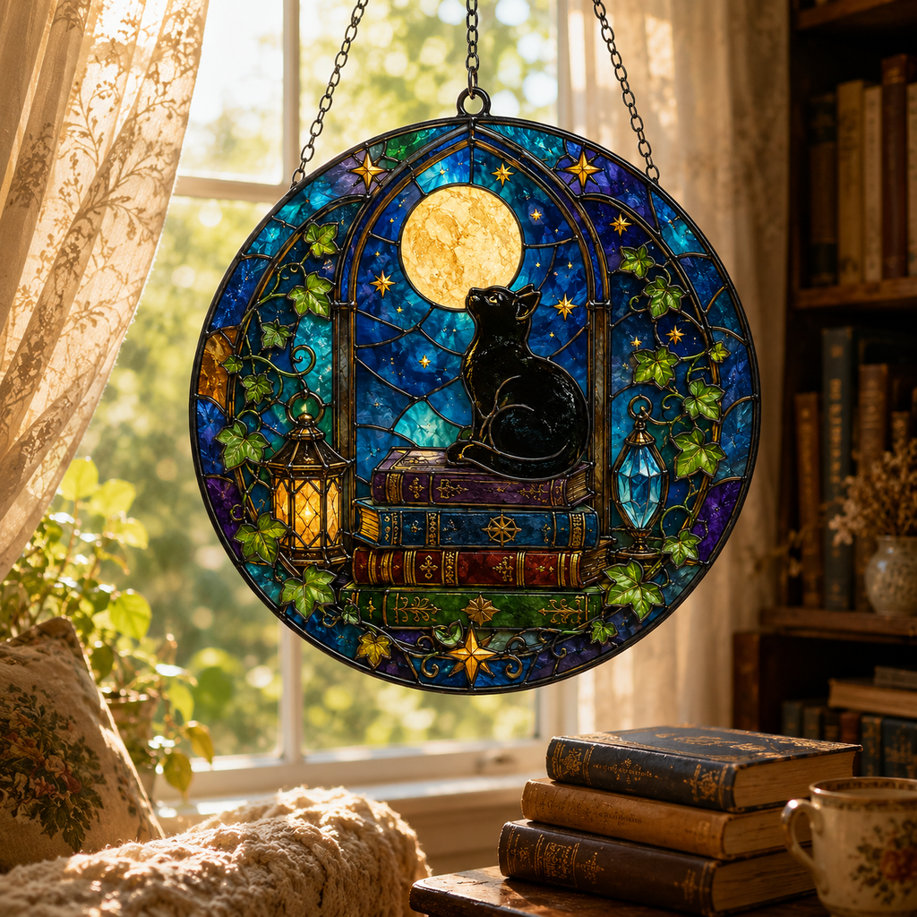 Black Cat on Books and Full Moon Glass Suncatcher, Celestial Window Hanging Home Decor