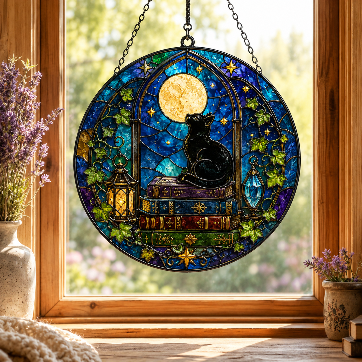 Black Cat on Books and Full Moon Glass Suncatcher, Celestial Window Hanging Home Decor