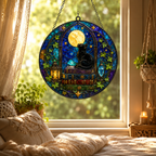 Black Cat on Books and Full Moon Glass Suncatcher, Celestial Window Hanging Home Decor