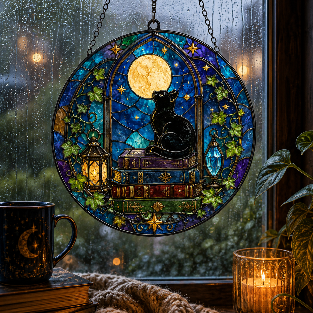 Black Cat on Books and Full Moon Glass Suncatcher, Celestial Window Hanging Home Decor