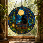 Black Cat on Books and Full Moon Glass Suncatcher, Celestial Window Hanging Home Decor