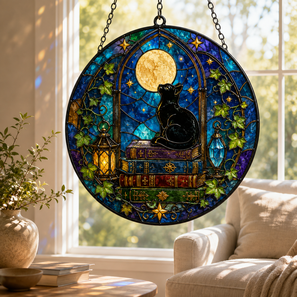 Black Cat on Books and Full Moon Glass Suncatcher, Celestial Window Hanging Home Decor