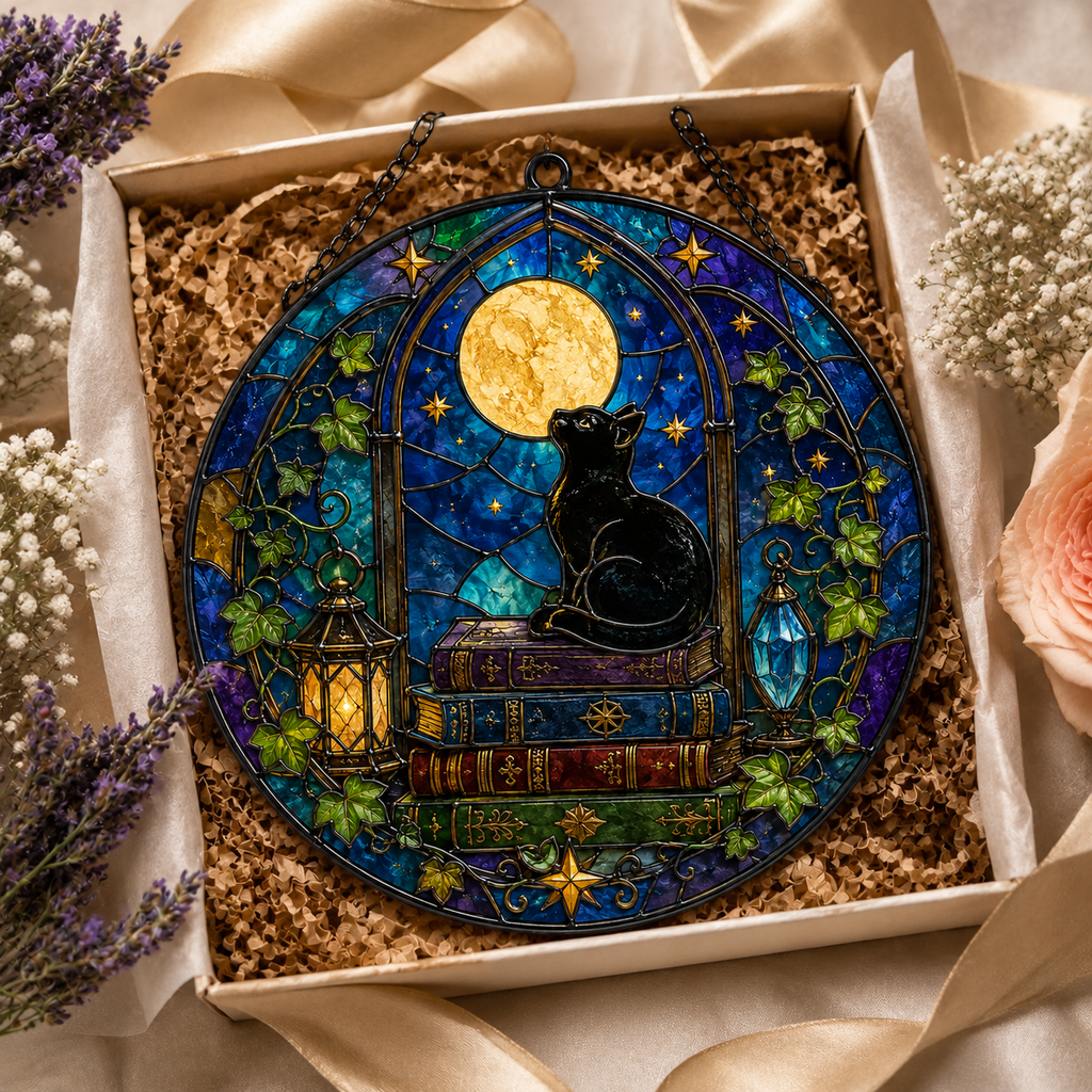 Black Cat on Books and Full Moon Glass Suncatcher, Celestial Window Hanging Home Decor