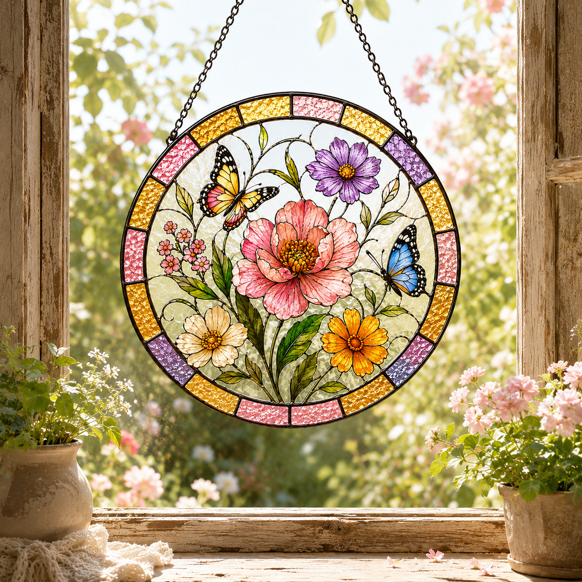 Butterfly and Wildflower Glass Suncatcher, Colorful Floral Window Hanging Home Decor