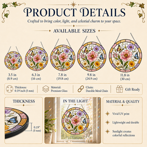 Butterfly and Wildflower Glass Suncatcher, Colorful Floral Window Hanging Home Decor