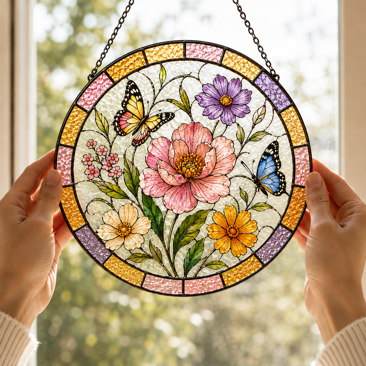 Butterfly and Wildflower Glass Suncatcher, Colorful Floral Window Hanging Home Decor