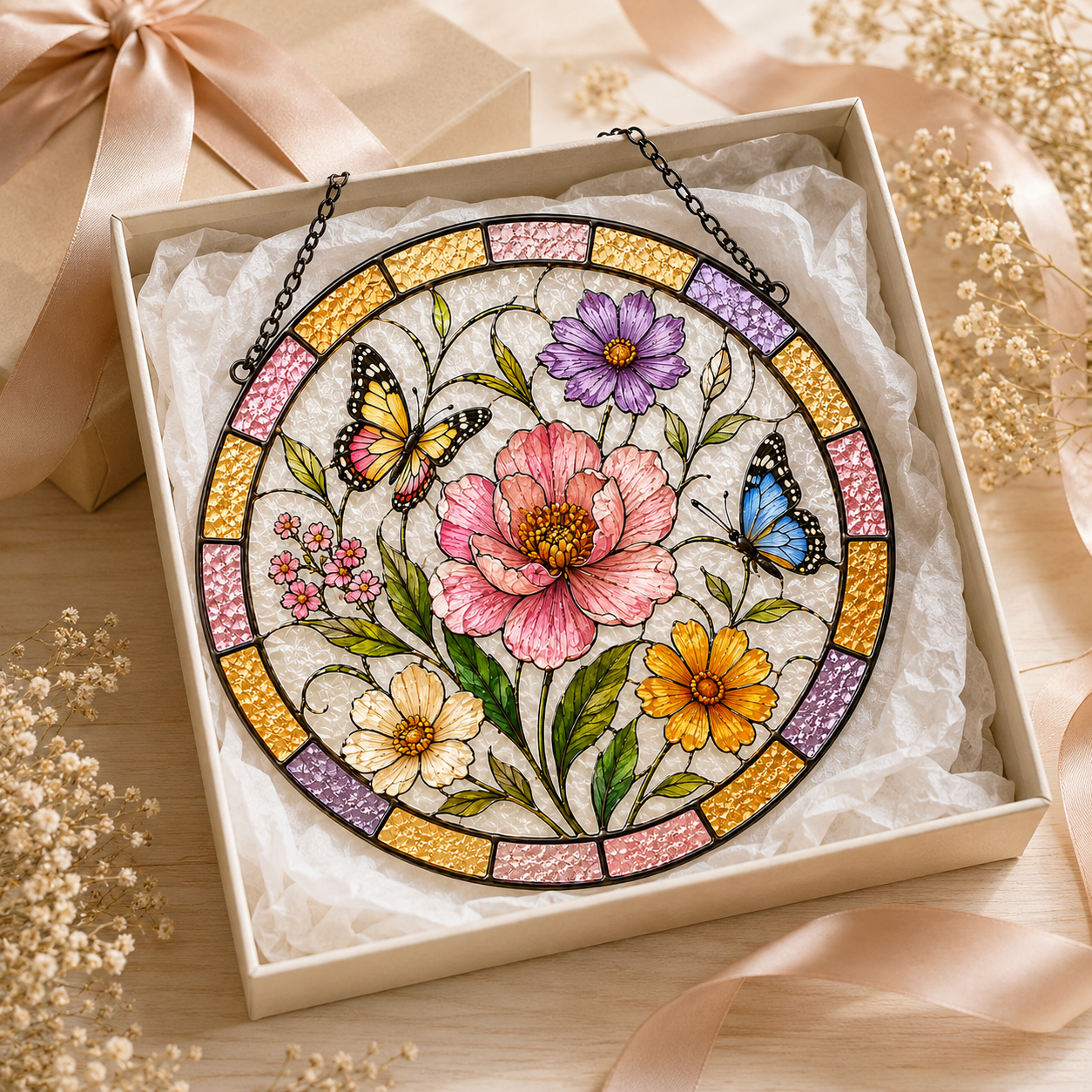 Butterfly and Wildflower Glass Suncatcher, Colorful Floral Window Hanging Home Decor