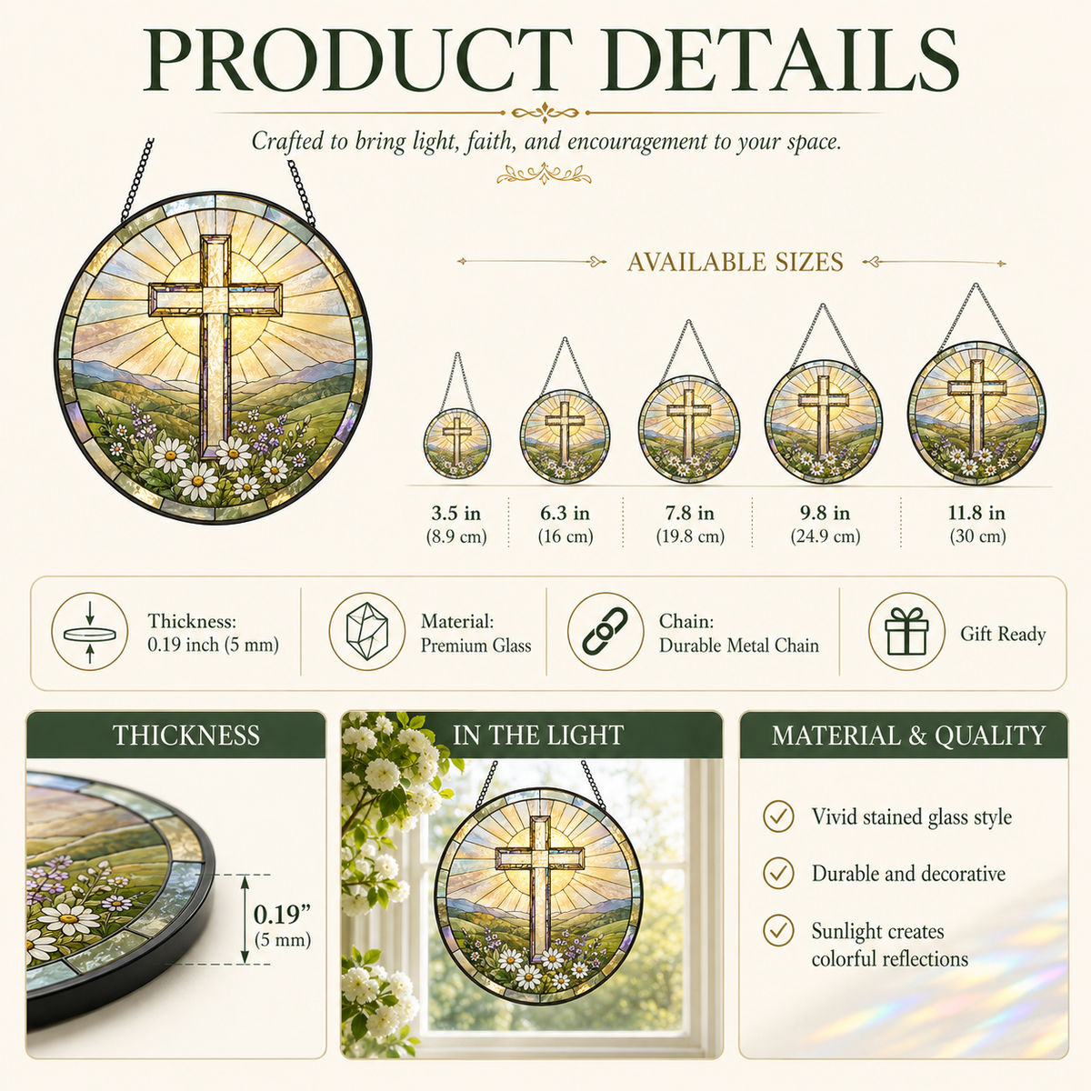 Christian Cross Mountain and Wildflower Glass Suncatcher, Religious Window Hanging Home Decor