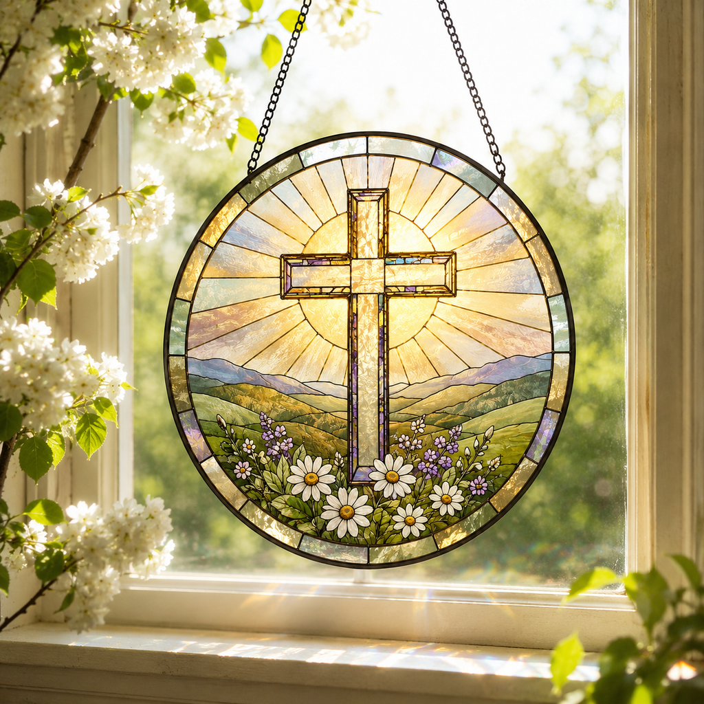 Christian Cross Mountain and Wildflower Glass Suncatcher, Religious Window Hanging Home Decor