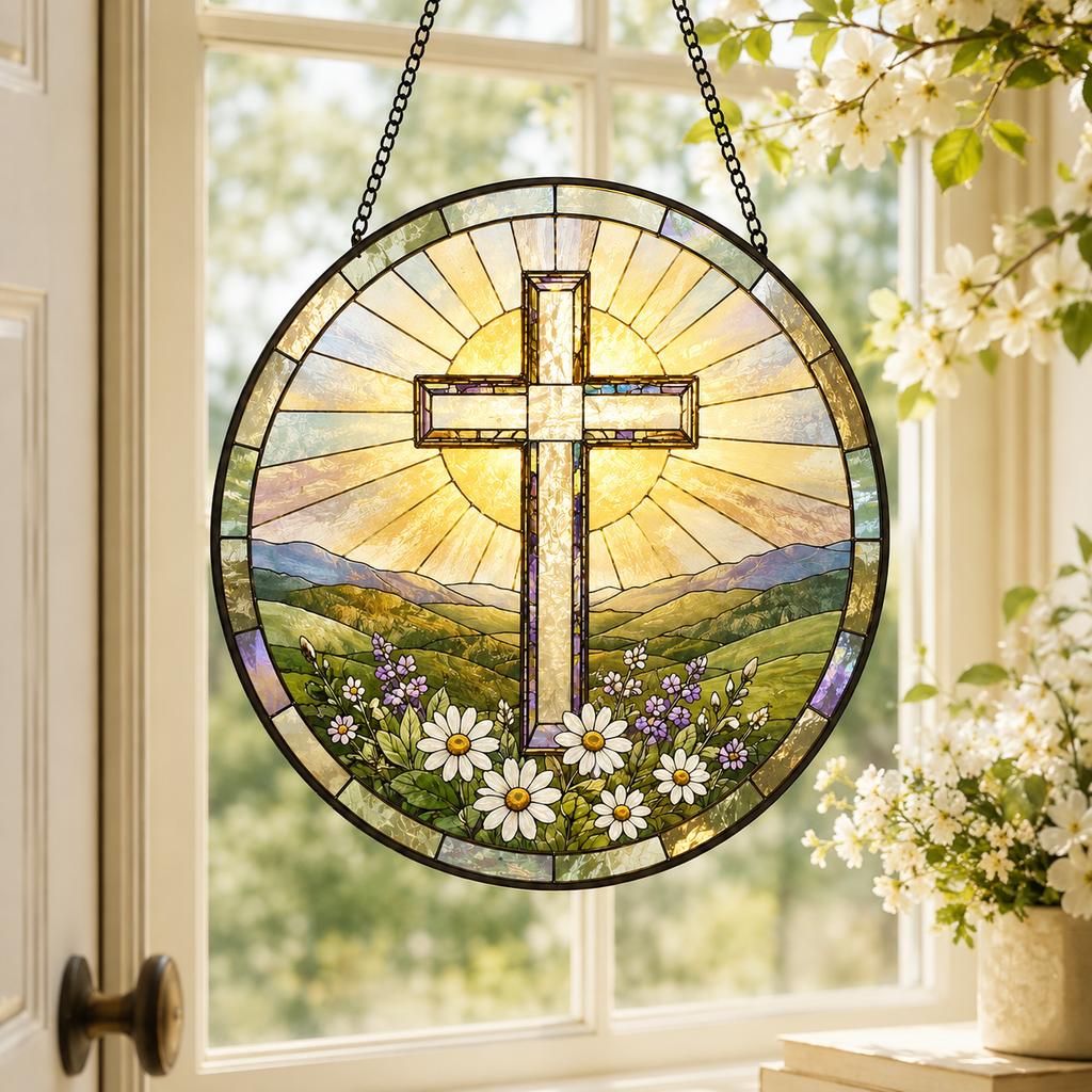 Christian Cross Mountain and Wildflower Glass Suncatcher, Religious Window Hanging Home Decor