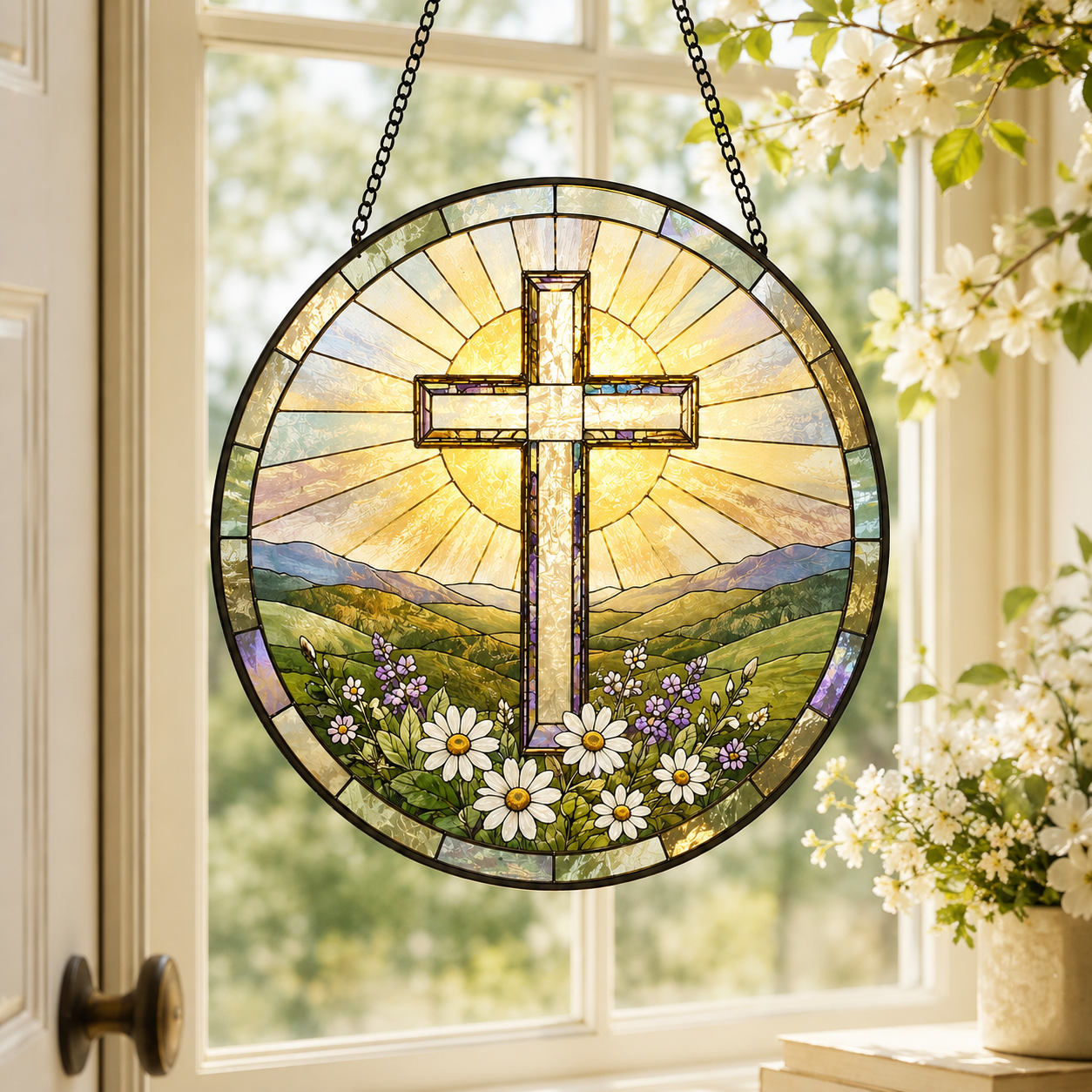 Christian Cross Mountain and Wildflower Glass Suncatcher, Religious Window Hanging Home Decor