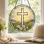 Christian Cross Mountain and Wildflower Glass Suncatcher, Religious Window Hanging Home Decor
