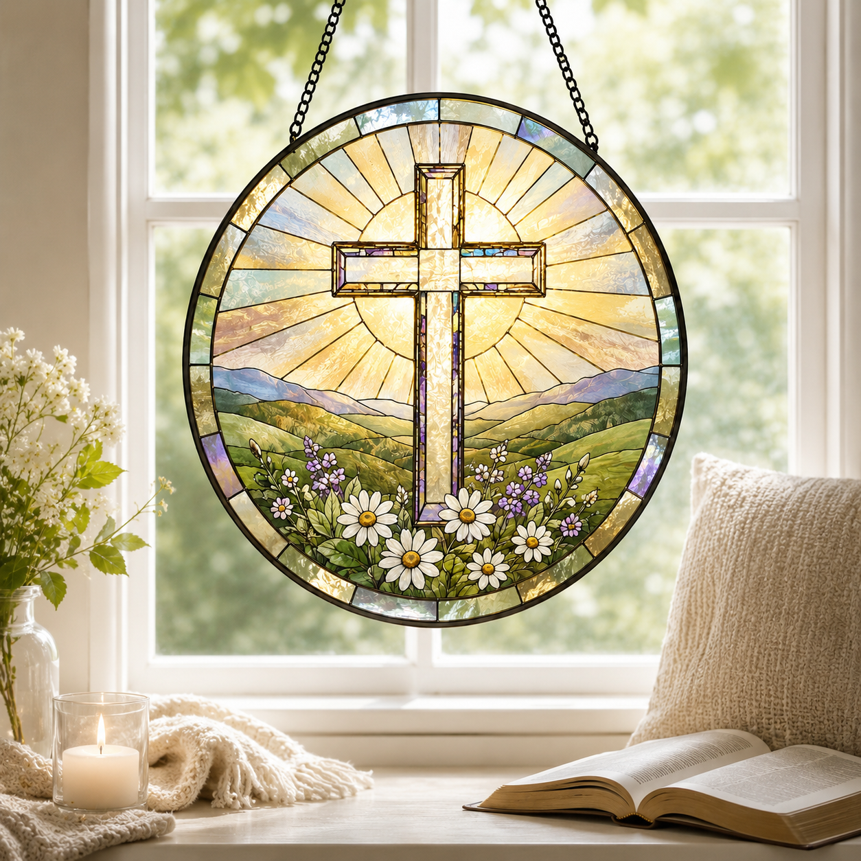 Christian Cross Mountain and Wildflower Glass Suncatcher, Religious Window Hanging Home Decor