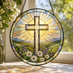 Christian Cross Mountain and Wildflower Glass Suncatcher, Religious Window Hanging Home Decor