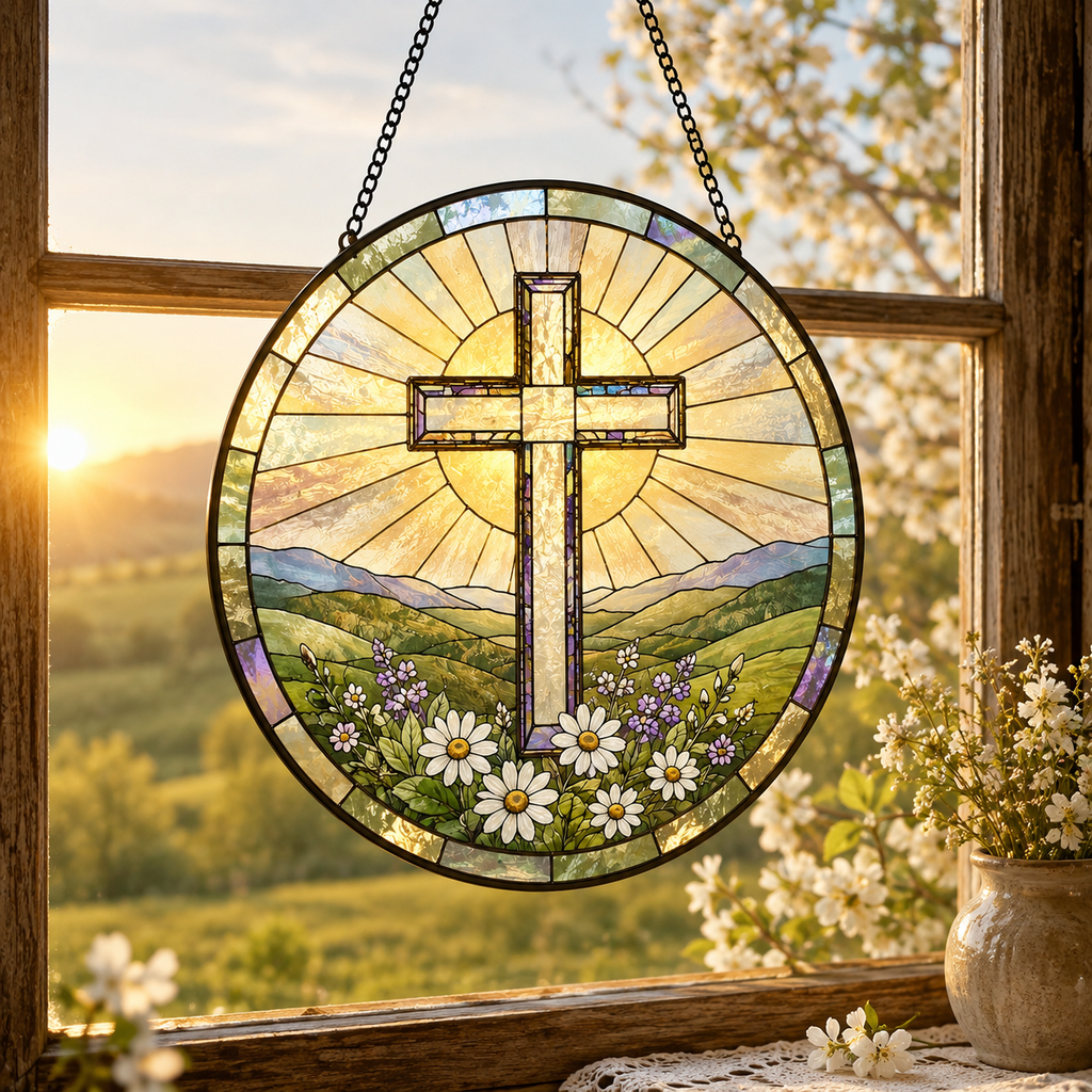 Christian Cross Mountain and Wildflower Glass Suncatcher, Religious Window Hanging Home Decor