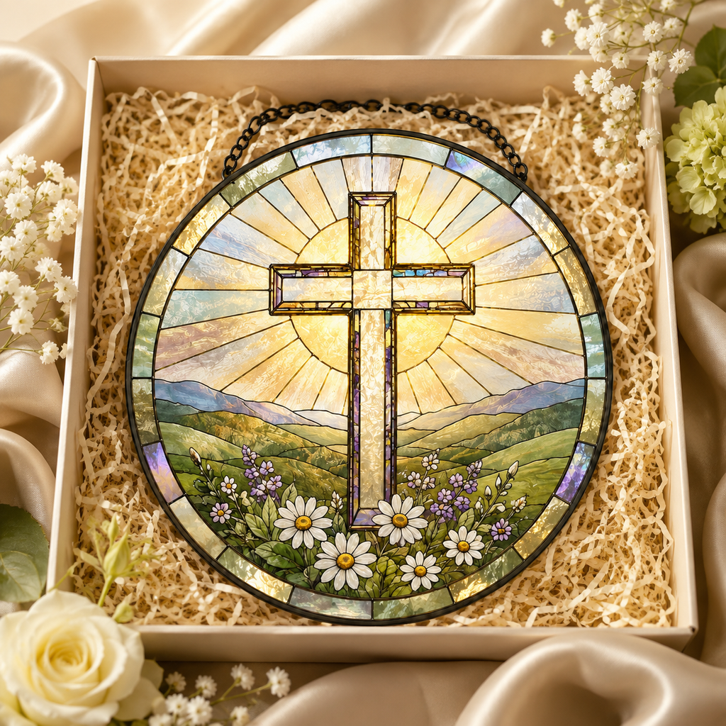 Christian Cross Mountain and Wildflower Glass Suncatcher, Religious Window Hanging Home Decor