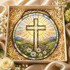 Christian Cross Mountain and Wildflower Glass Suncatcher, Religious Window Hanging Home Decor