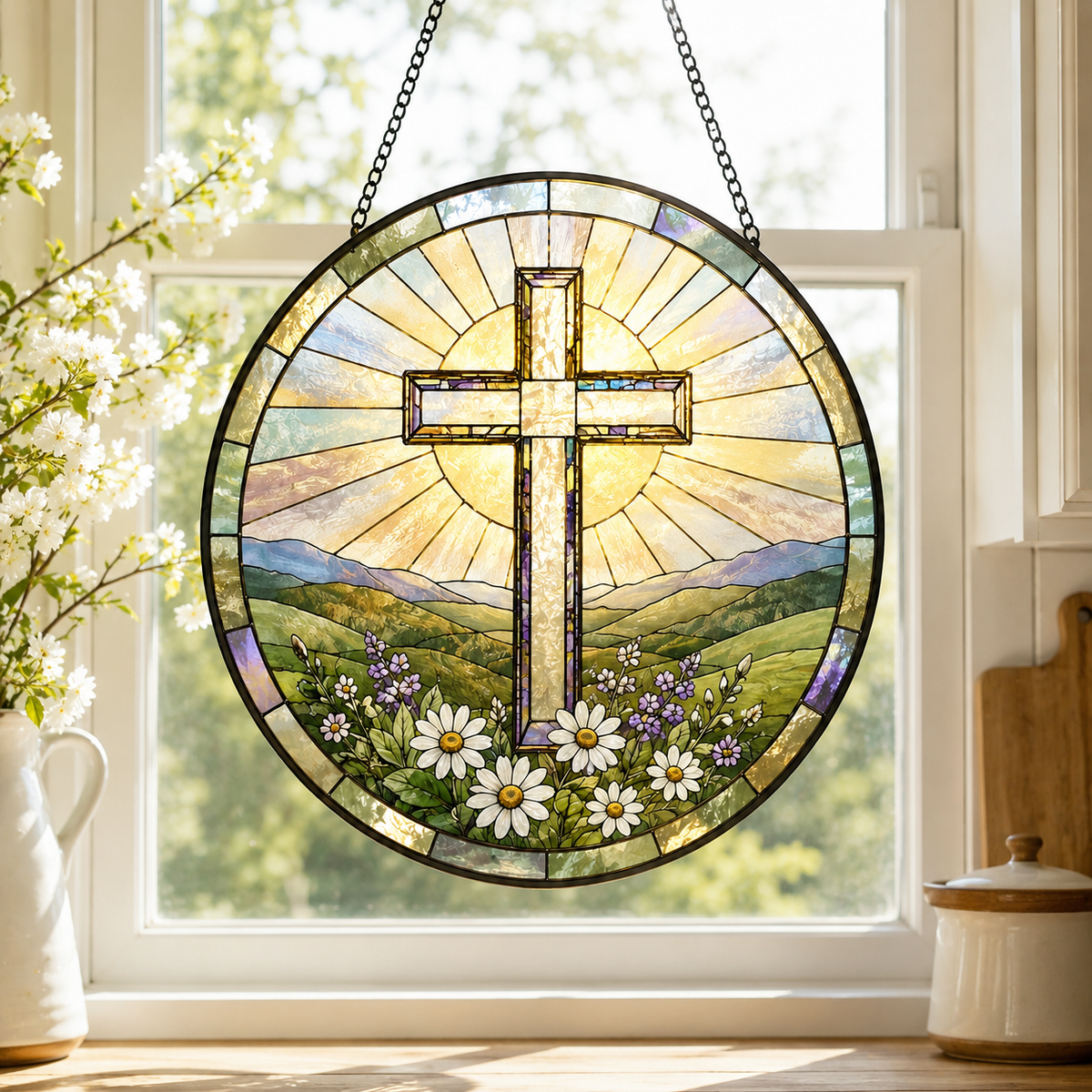 Christian Cross Mountain and Wildflower Glass Suncatcher, Religious Window Hanging Home Decor