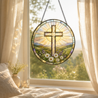 Christian Cross Mountain and Wildflower Glass Suncatcher, Religious Window Hanging Home Decor