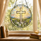 Christian Cross Mountain and Wildflower Glass Suncatcher, Religious Window Hanging Home Decor