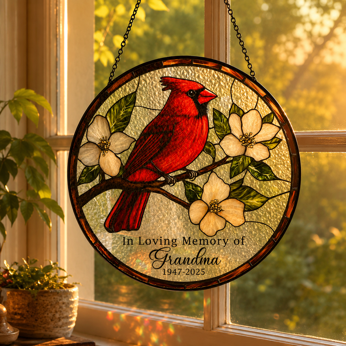 Personalized Grandma Memorial Red Cardinal Glass Suncatcher, In Loving Memory Window Hanging Decor