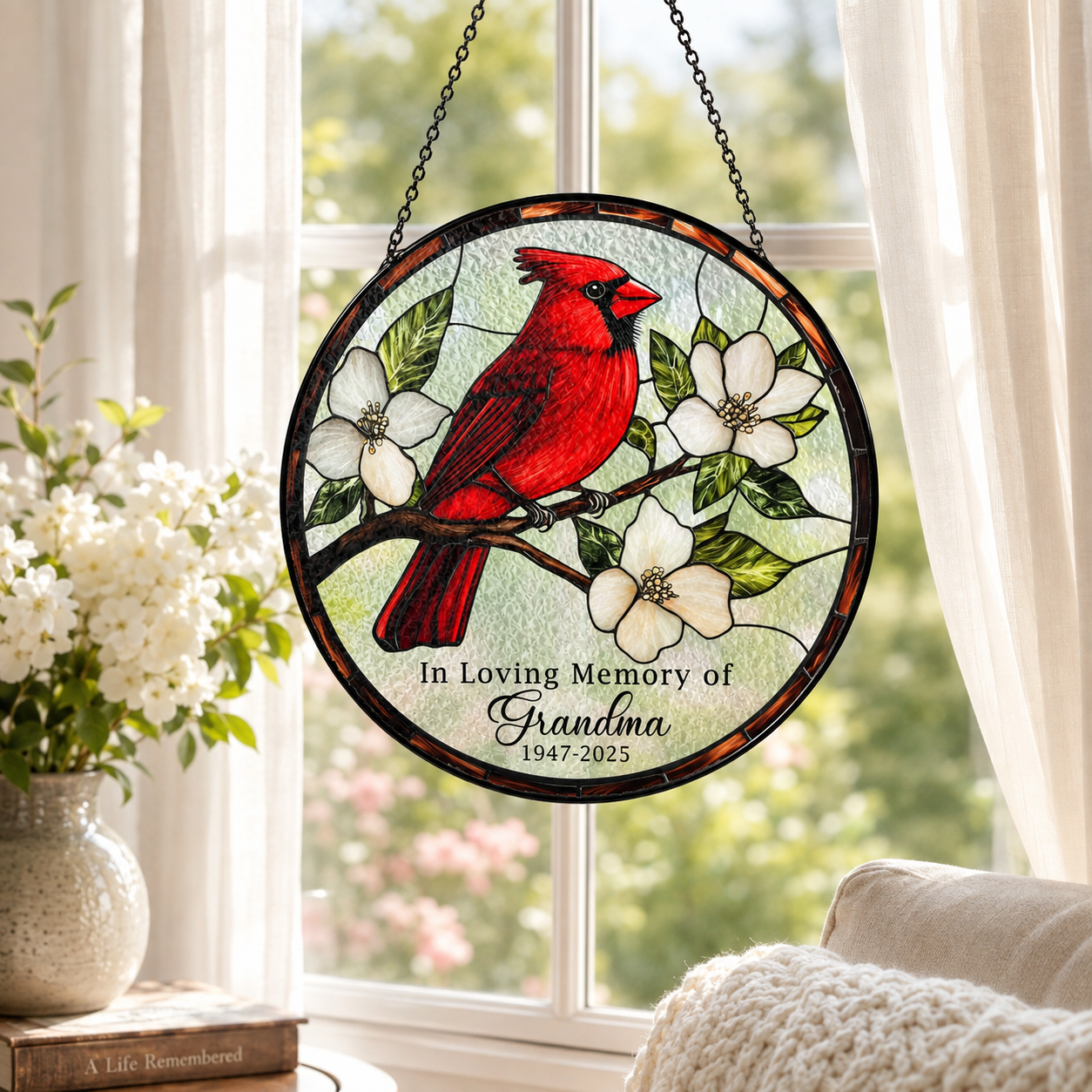 Personalized Grandma Memorial Red Cardinal Glass Suncatcher, In Loving Memory Window Hanging Decor