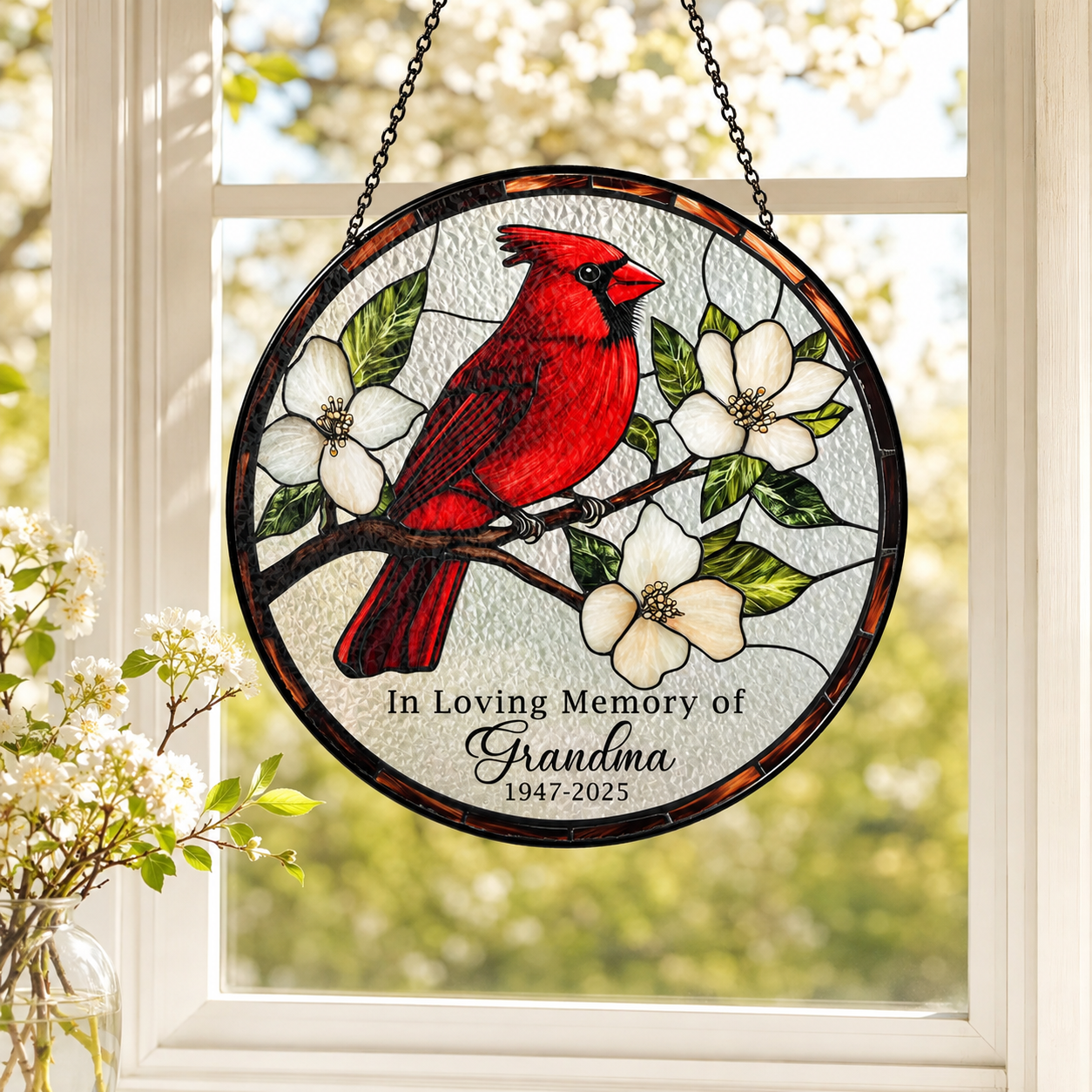 Personalized Grandma Memorial Red Cardinal Glass Suncatcher, In Loving Memory Window Hanging Decor