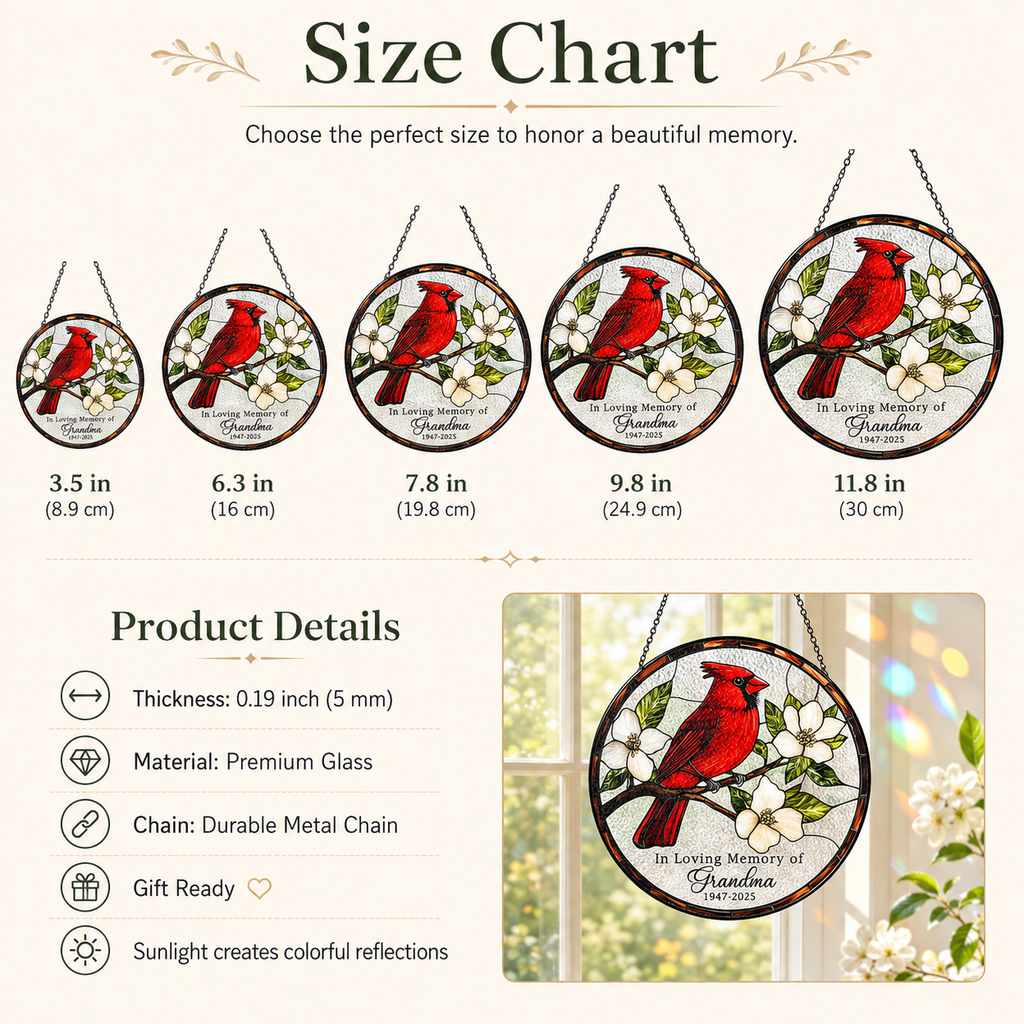 Personalized Grandma Memorial Red Cardinal Glass Suncatcher, In Loving Memory Window Hanging Decor