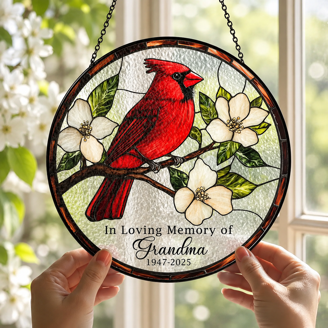Personalized Grandma Memorial Red Cardinal Glass Suncatcher, In Loving Memory Window Hanging Decor