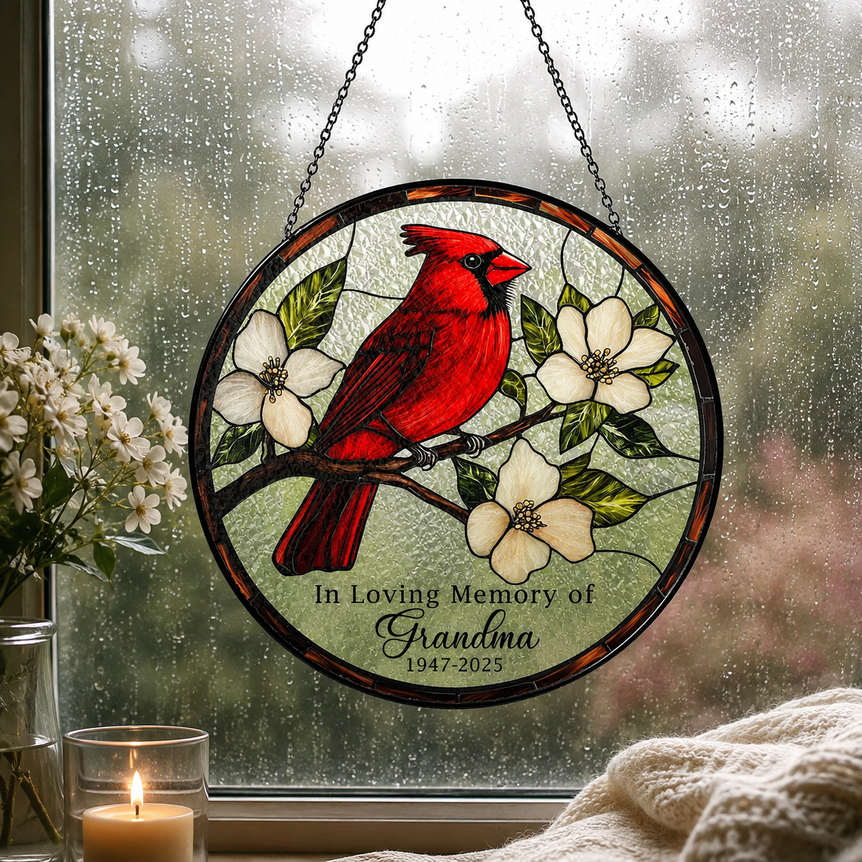 Personalized Grandma Memorial Red Cardinal Glass Suncatcher, In Loving Memory Window Hanging Decor