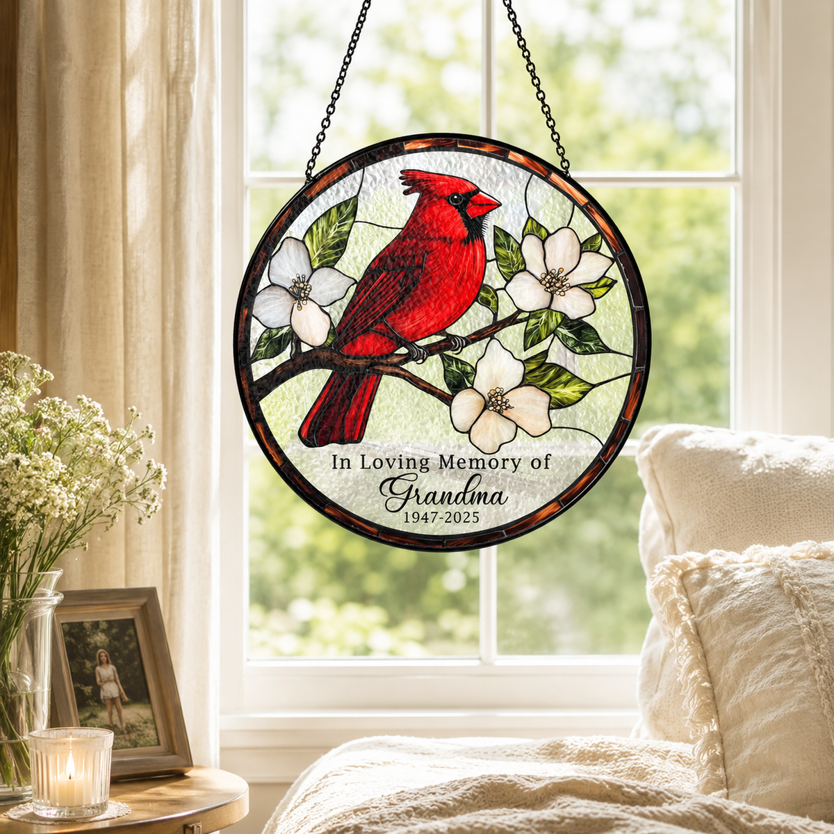 Personalized Grandma Memorial Red Cardinal Glass Suncatcher, In Loving Memory Window Hanging Decor