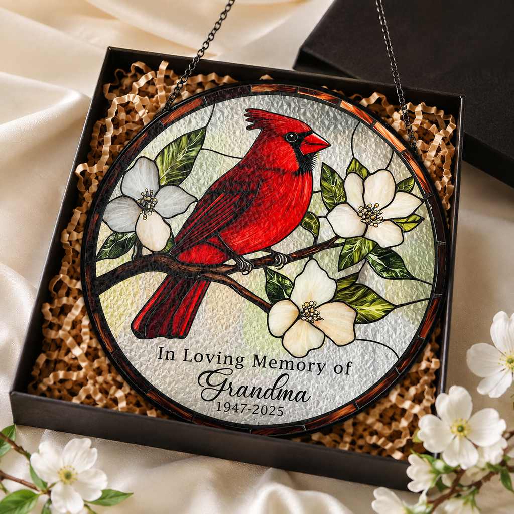 Personalized Grandma Memorial Red Cardinal Glass Suncatcher, In Loving Memory Window Hanging Decor