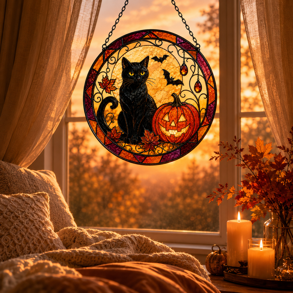 Halloween Black Cat and Jack O Lantern Glass Suncatcher, Bat and Autumn Leaves Window Hanging Decor