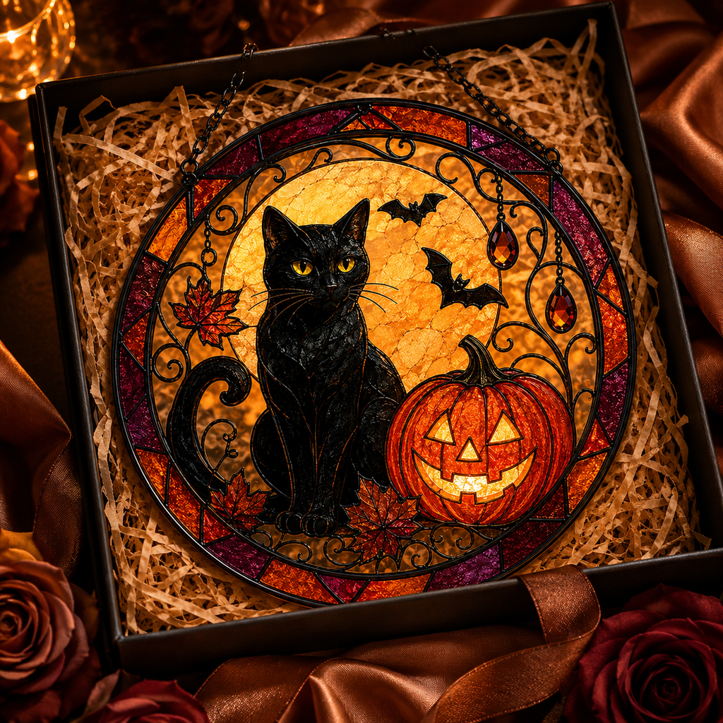 Halloween Black Cat and Jack O Lantern Glass Suncatcher, Bat and Autumn Leaves Window Hanging Decor