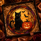 Halloween Black Cat and Jack O Lantern Glass Suncatcher, Bat and Autumn Leaves Window Hanging Decor