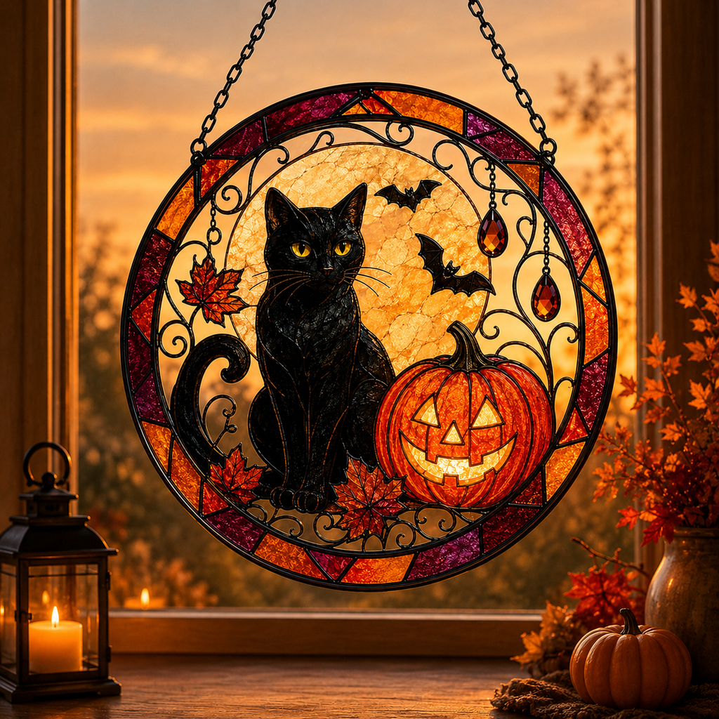 Halloween Black Cat and Jack O Lantern Glass Suncatcher, Bat and Autumn Leaves Window Hanging Decor
