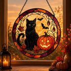 Halloween Black Cat and Jack O Lantern Glass Suncatcher, Bat and Autumn Leaves Window Hanging Decor